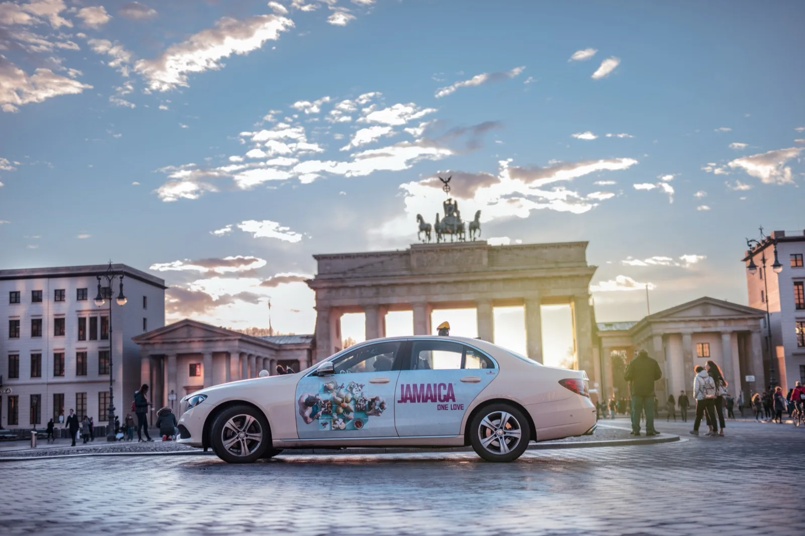 Jamaica Tourist Board taxi advertising in front of the Brandenburg Gate
